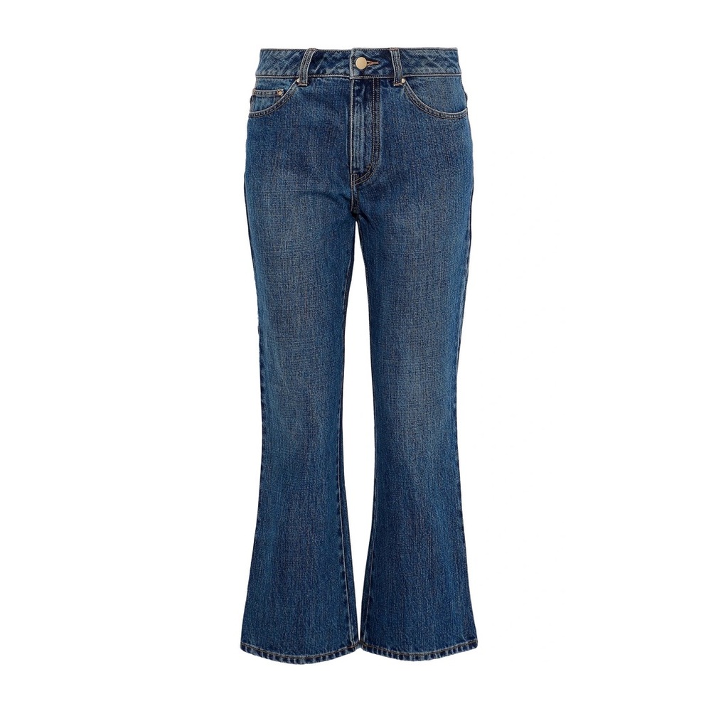 CO Cropped Mid-Rise Kick Flare Capri Jeans in Indigo Blue